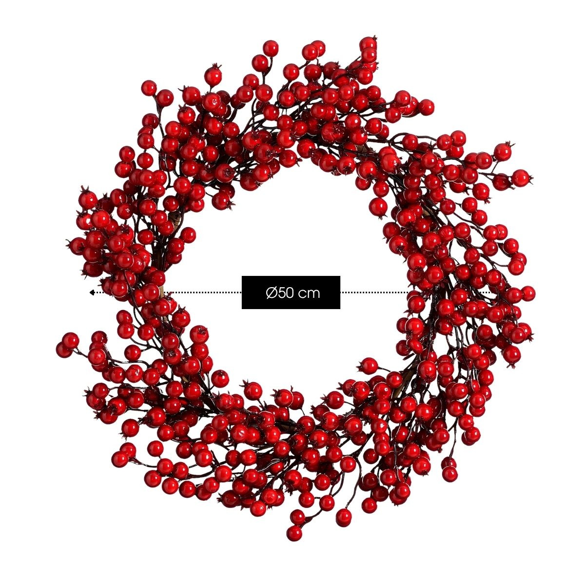 A festive red berry wreath measuring 50 cm in diameter against a white background.