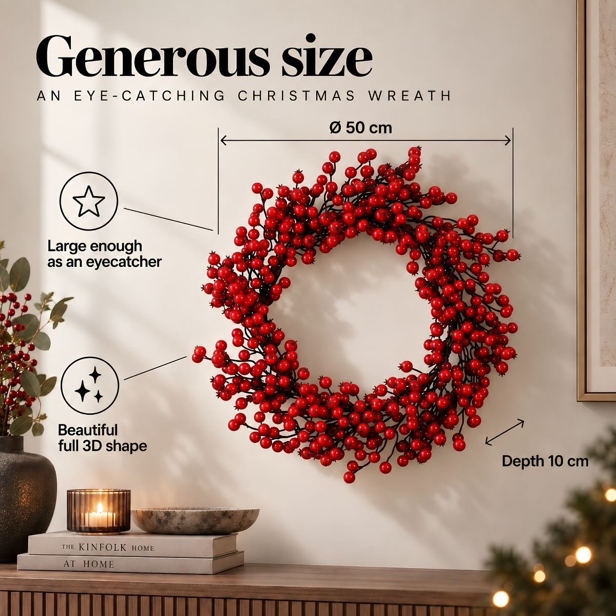 A red berry Christmas wreath, 50cm wide and 10cm deep, displayed on a wall with text and dimension indicators.