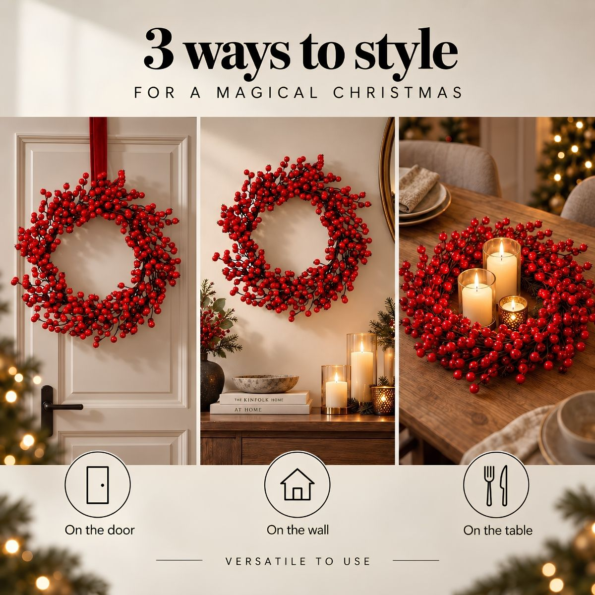 Three panels showing a red berry wreath styled on a door, wall, and dining table with lit candles.