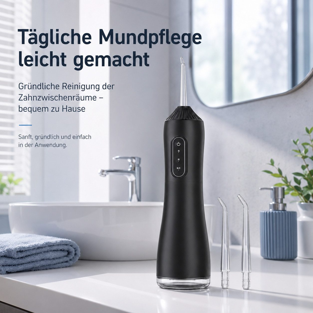 Schwarze Munddusche mit zwei Ersatzdüsen auf einem Badezimmerwaschbecken, mit Textüberlagerungen.