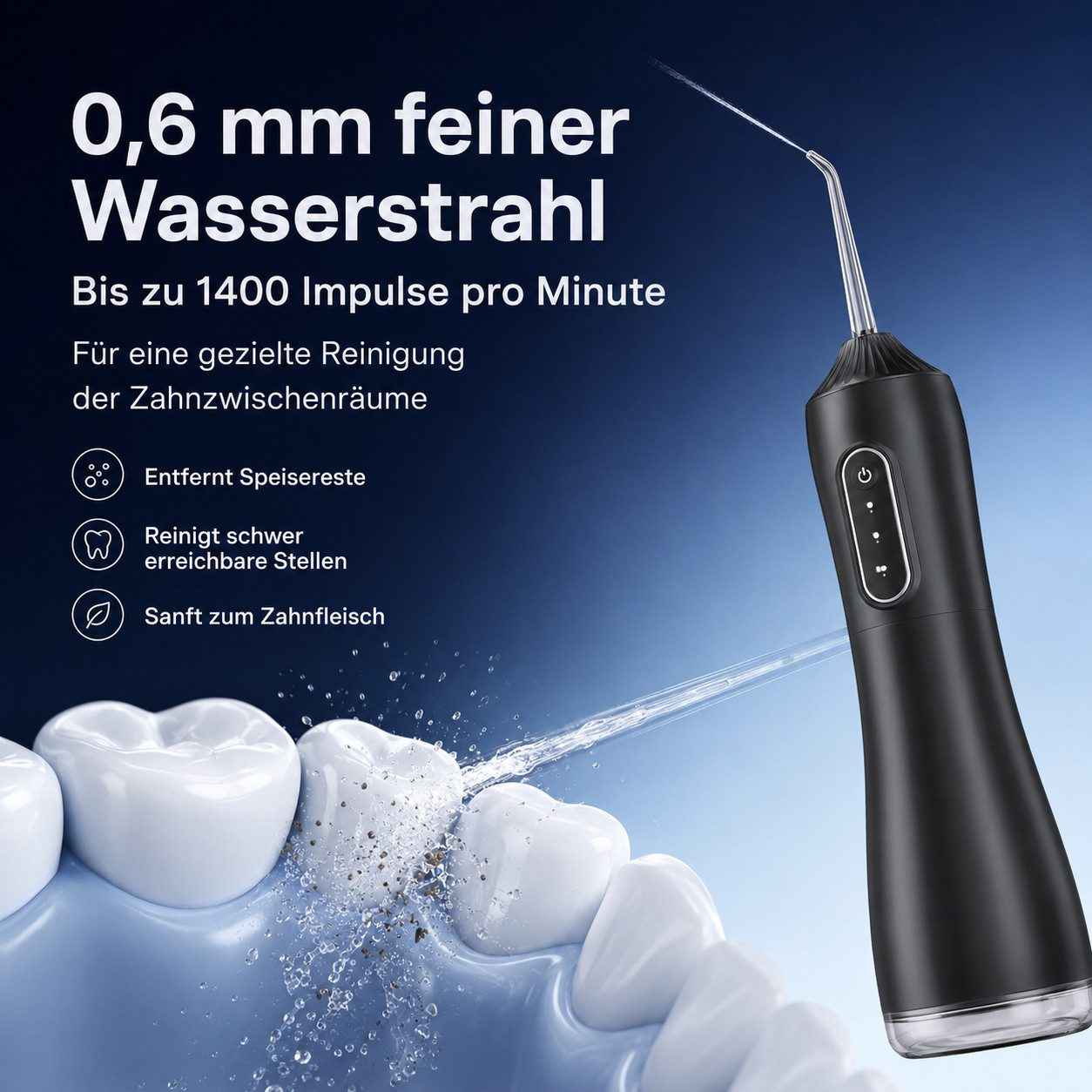 Schwarze Munddusche sprüht feinen Wasserstrahl auf Zähne.