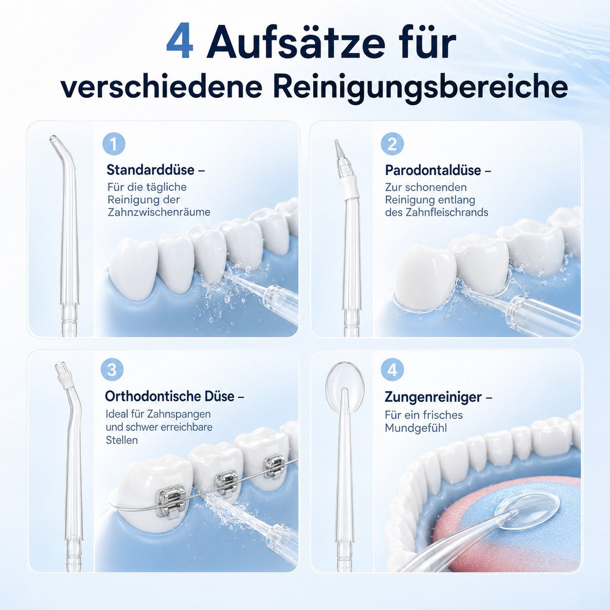 Vier verschiedene Aufsätze einer Munddusche für unterschiedliche Reinigungsbereiche an Zähnen und Zahnfleisch.