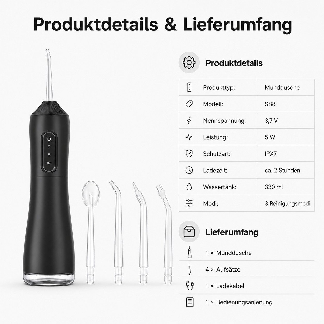 Eine schwarze kabellose Munddusche mit vier Aufsätzen neben einer Tabelle mit Produktdetails und Lieferumfang.