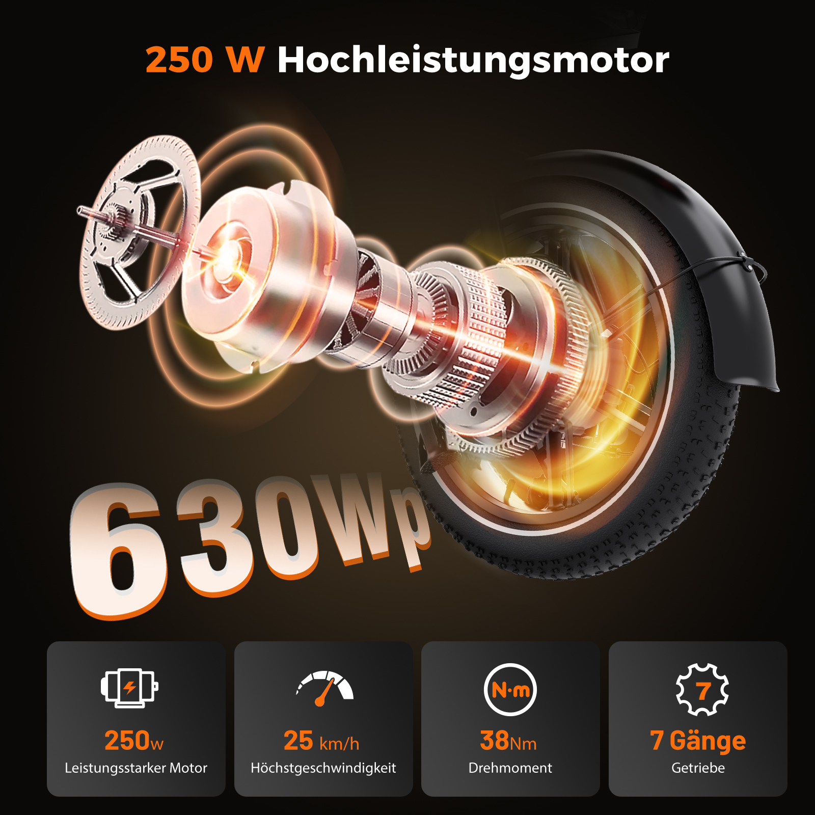 Explosionszeichnung eines 250W E-Bike-Motors mit 630W Peak, 38Nm Drehmoment und 7 Gängen.
