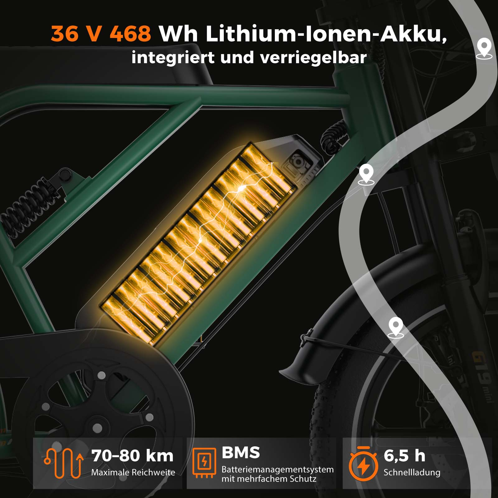 Diagramm eines integrierten 36V 468Wh Lithium-Ionen-Akkus in einem grünen E-Bike.