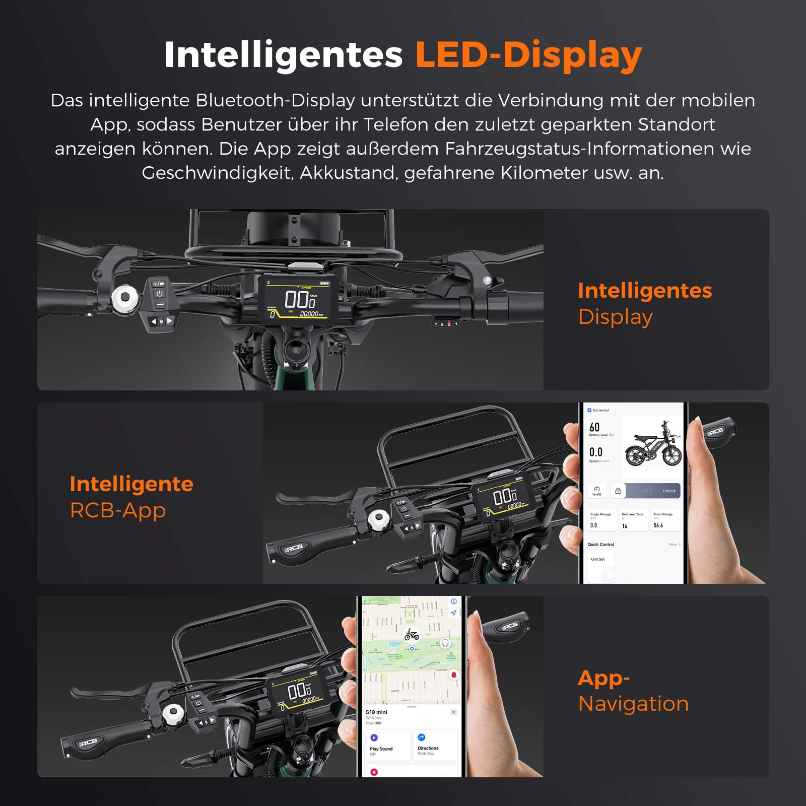 E-Bike-Lenker mit LED-Display, App-Steuerung, Statusanzeige und GPS-Navigation auf einem Smartphone.