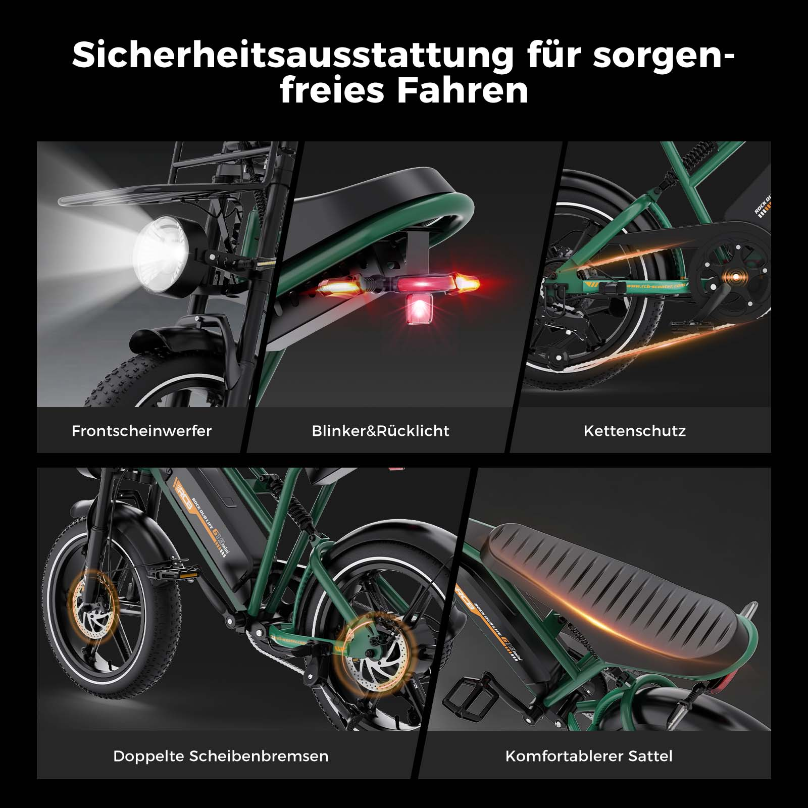 Fünf Bilder zeigen E-Bike-Sicherheitsfunktionen wie Scheinwerfer, Blinker, Kettenschutz, Scheibenbremsen und Sattel.