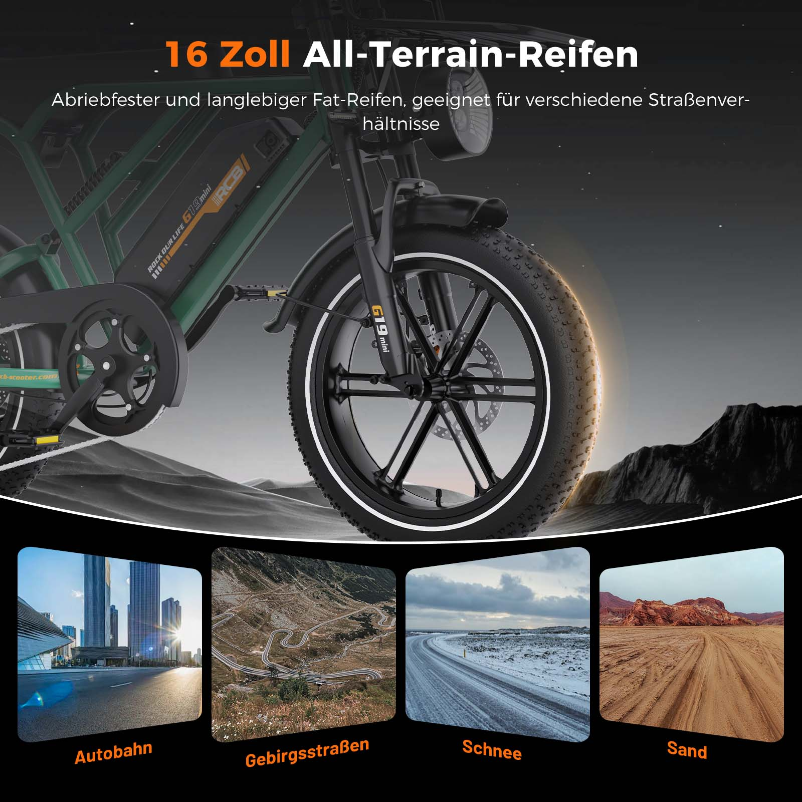 Grünes E-Bike mit 16-Zoll-All-Terrain-Fat-Reifen vor Berg- und Straßenkulissen.