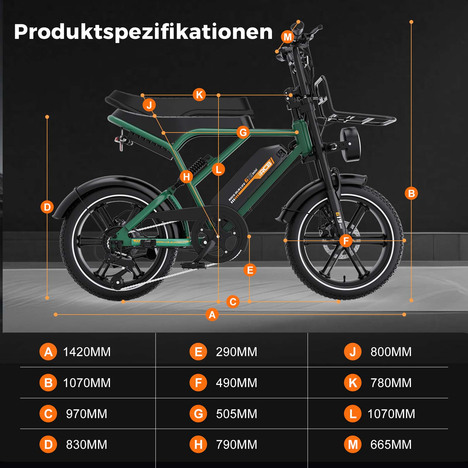 Grünes Elektrofahrrad mit Messlinien und einer Tabelle mit Produktspezifikationen und Abmessungen.