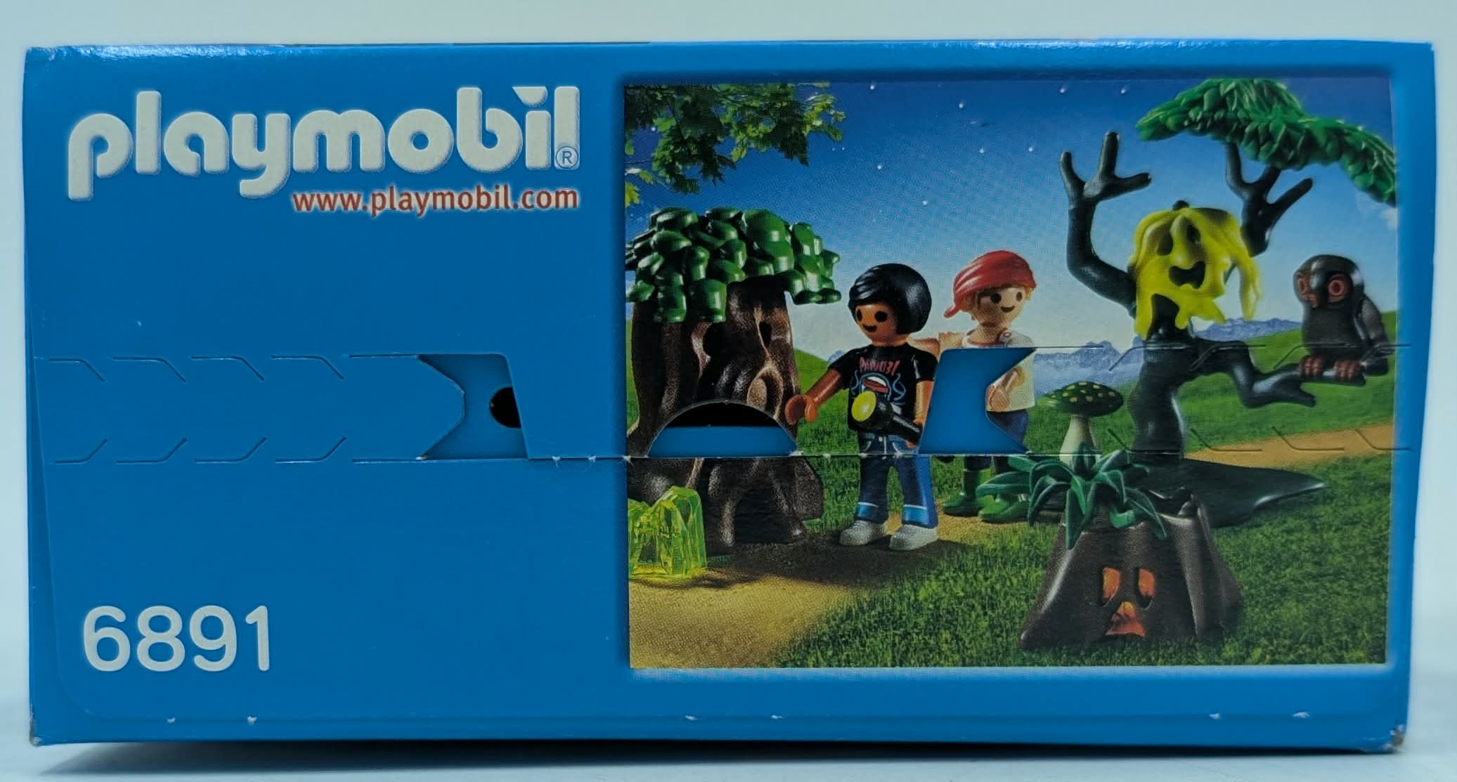 Playmobil Box 6891 zeigt zwei Figuren im Wald mit Bäumen, einer Kreatur und einer Eule bei Tag.