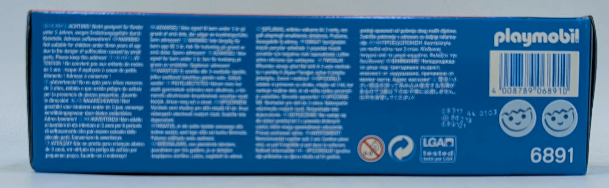 Blaue Playmobil-Spielzeugverpackung mit Warnhinweisen, Barcode, Spielzeugnummer 6891 und Logo auf der rechten Seite.