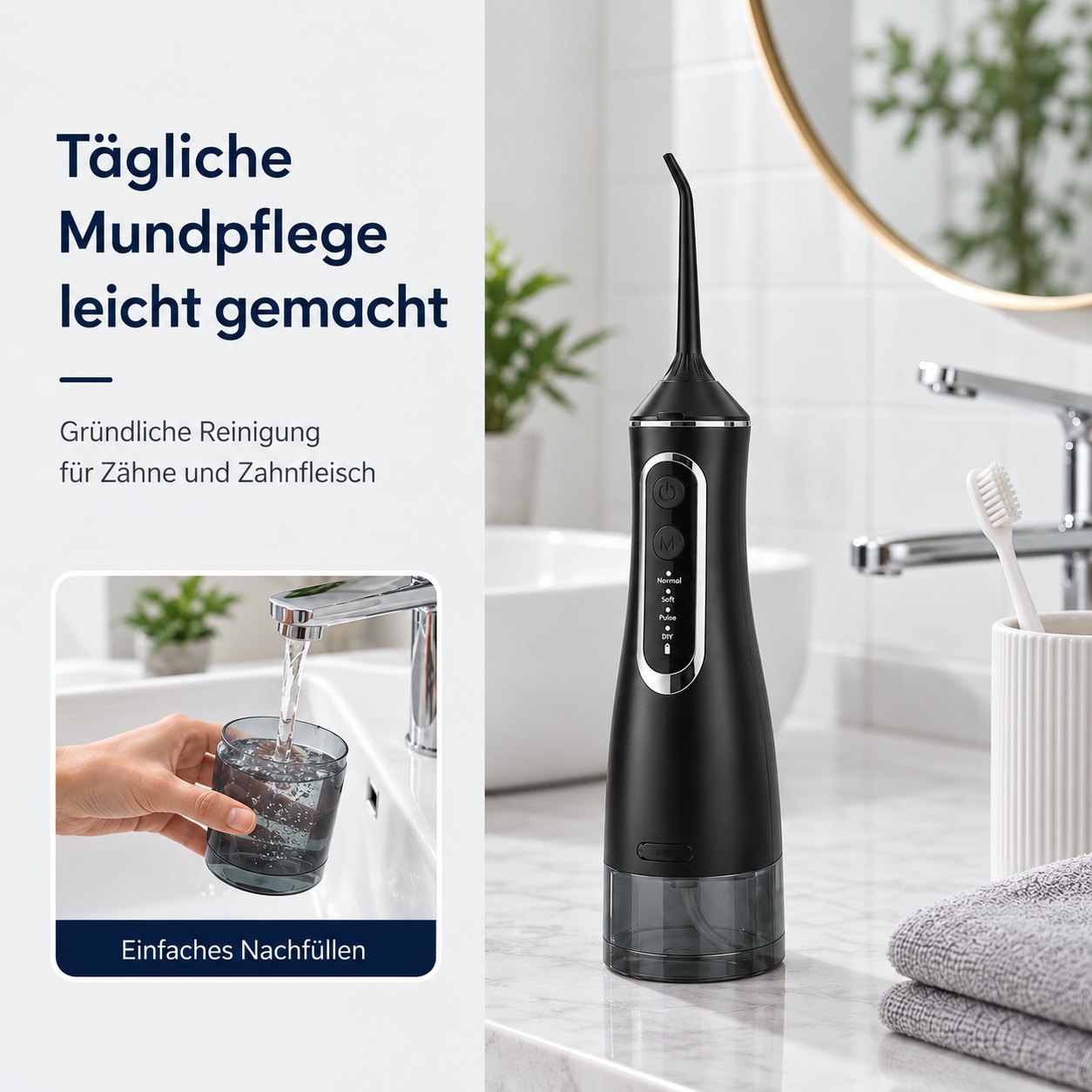 Schwarze Munddusche auf weißer Marmorarbeitsplatte im Badezimmer mit Zahnbürste und Handtüchern.