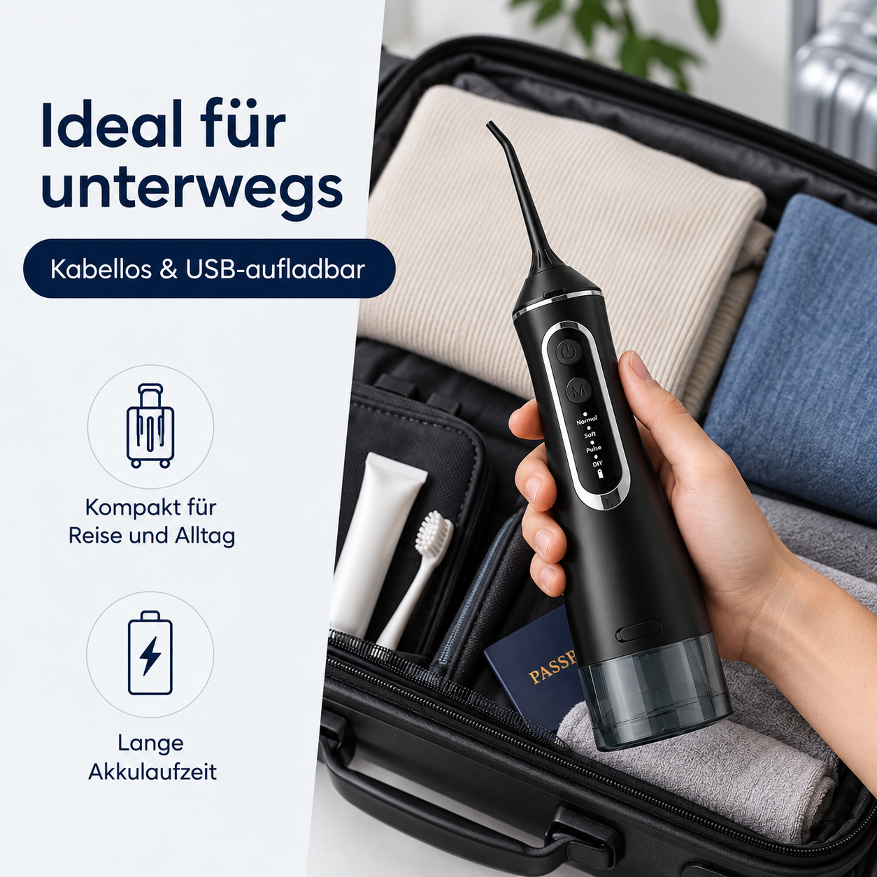 Hand hält eine schwarze kabellose Munddusche über einem offenen Koffer mit Kleidung und Reiseartikeln.