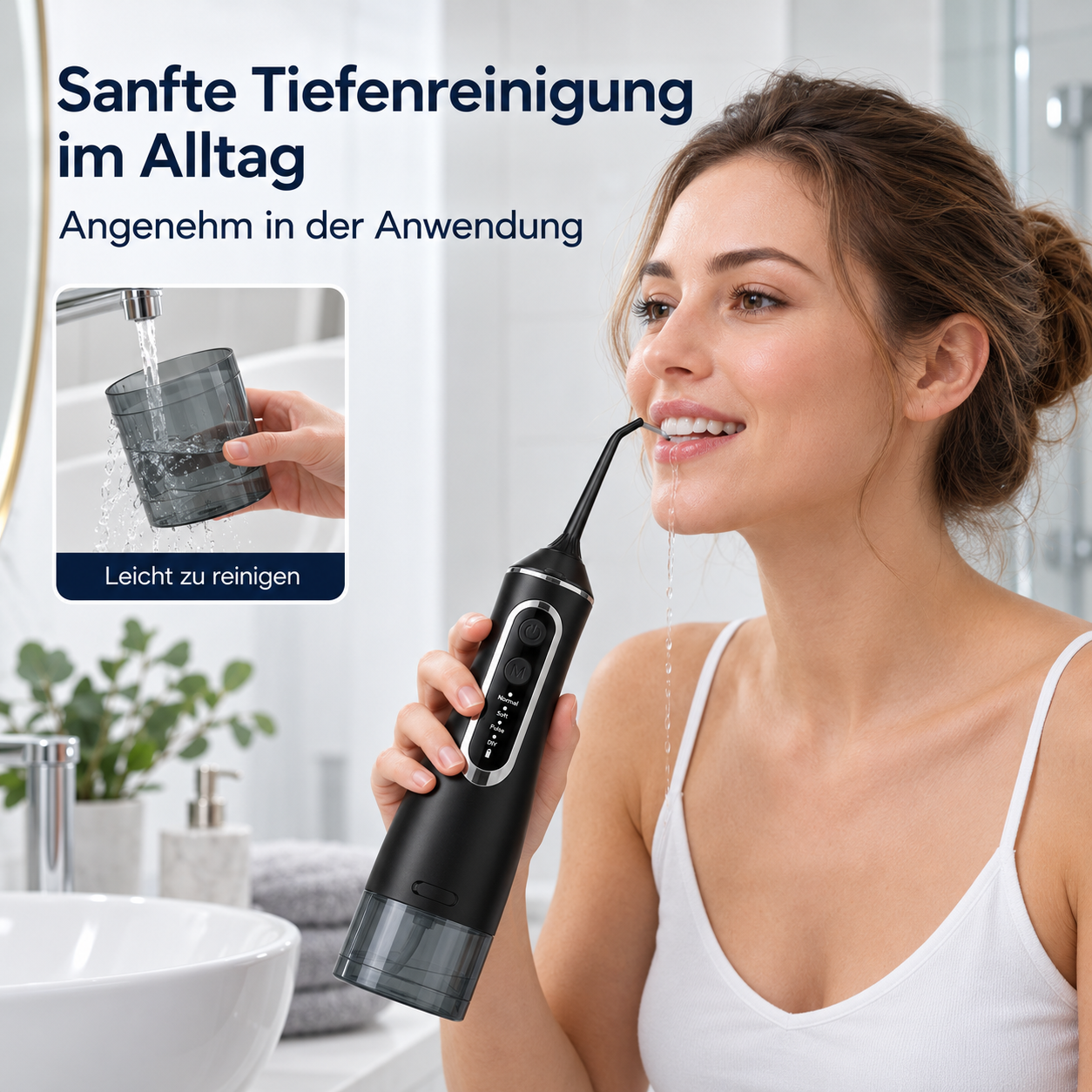 Frau verwendet eine schwarze Munddusche im Badezimmer, mit Inset-Bild des abnehmbaren Wassertanks.