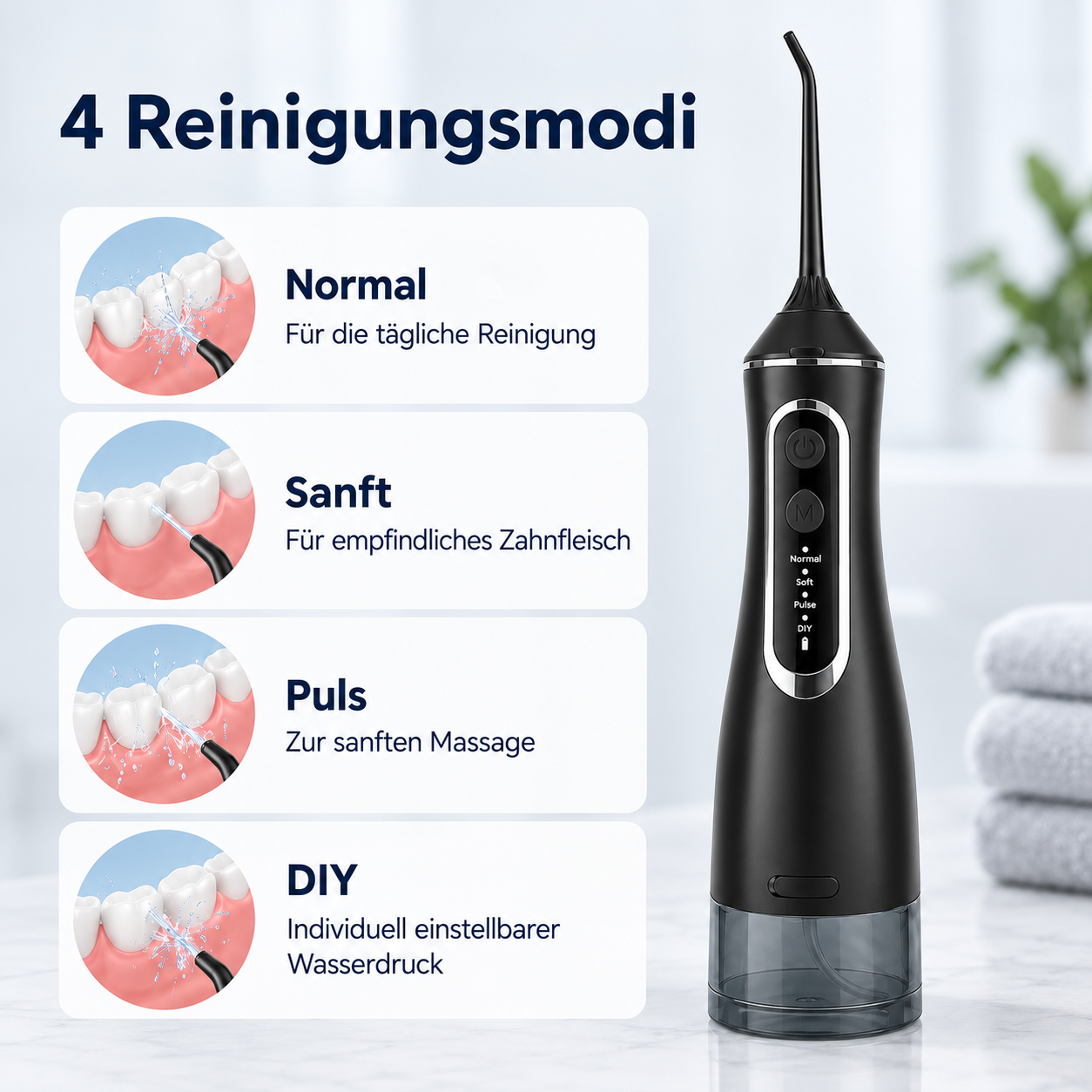 Schwarze Munddusche mit vier Reinigungsmodi und grafischer Darstellung für Zähne.