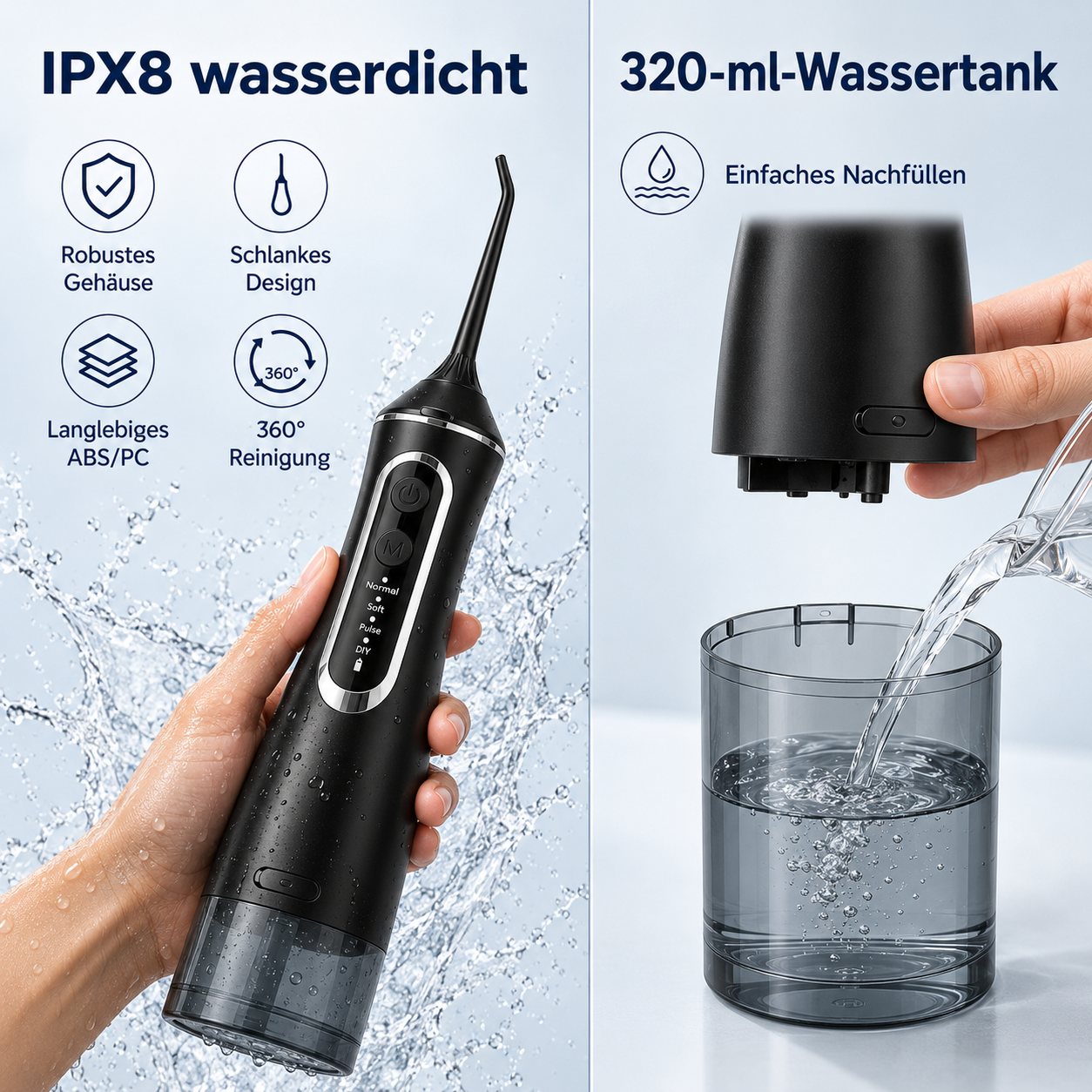Schwarze Munddusche im Einsatz mit Wasser-Icons und Nachfülldarstellung des Wassertanks.