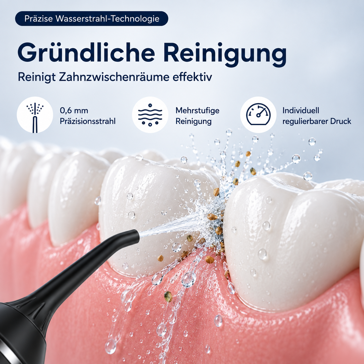 Eine Munddusche reinigt Zahnzwischenräume mit einem präzisen Wasserstrahl und entfernt Schmutz.