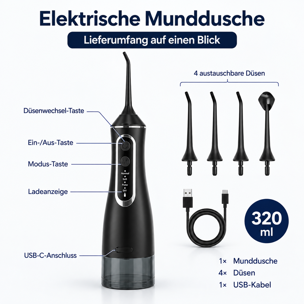 Schwarze elektrische Munddusche mit vier Aufsätzen, USB-Kabel und 320 ml Wassertank, mit deutschen Beschriftungen.