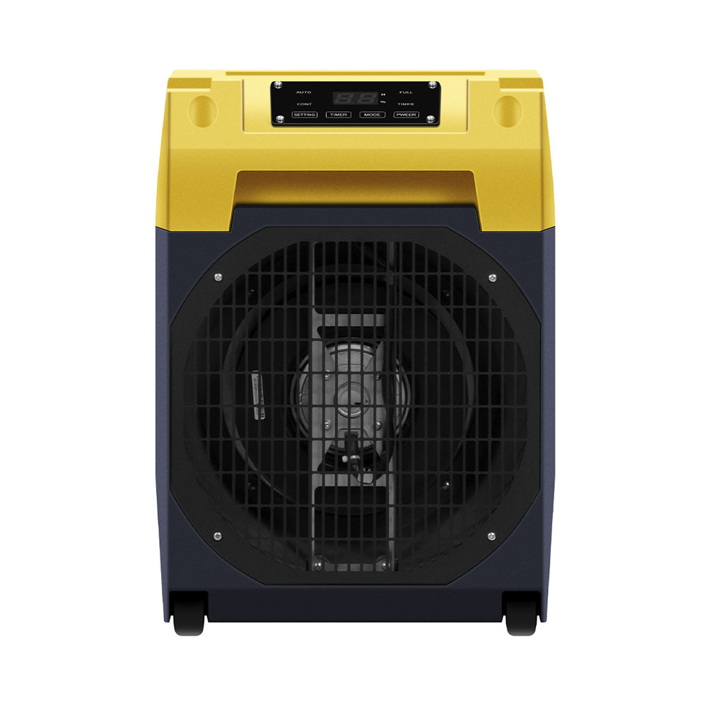 Deumidificatore industriale giallo e blu scuro con grande griglia anteriore e pannello di controllo.
