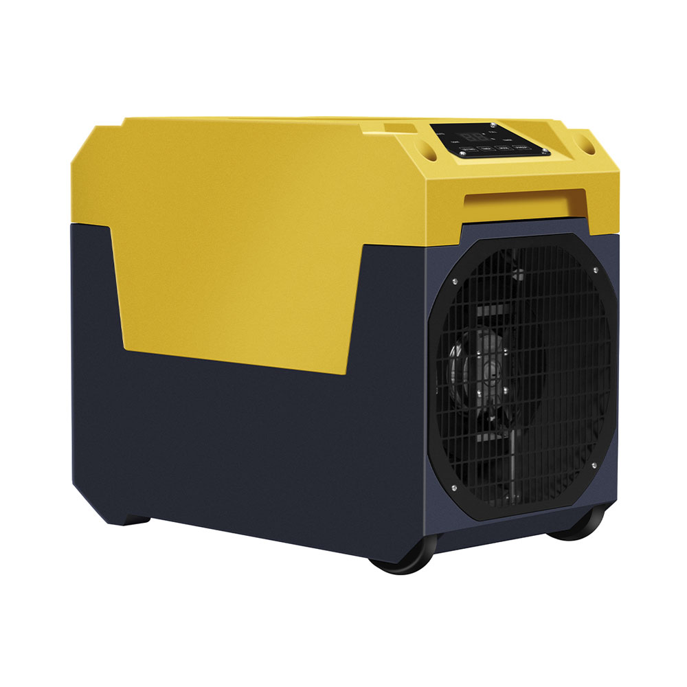 Deumidificatore industriale giallo e blu scuro con ventola anteriore e pannello di controllo su sfondo bianco.