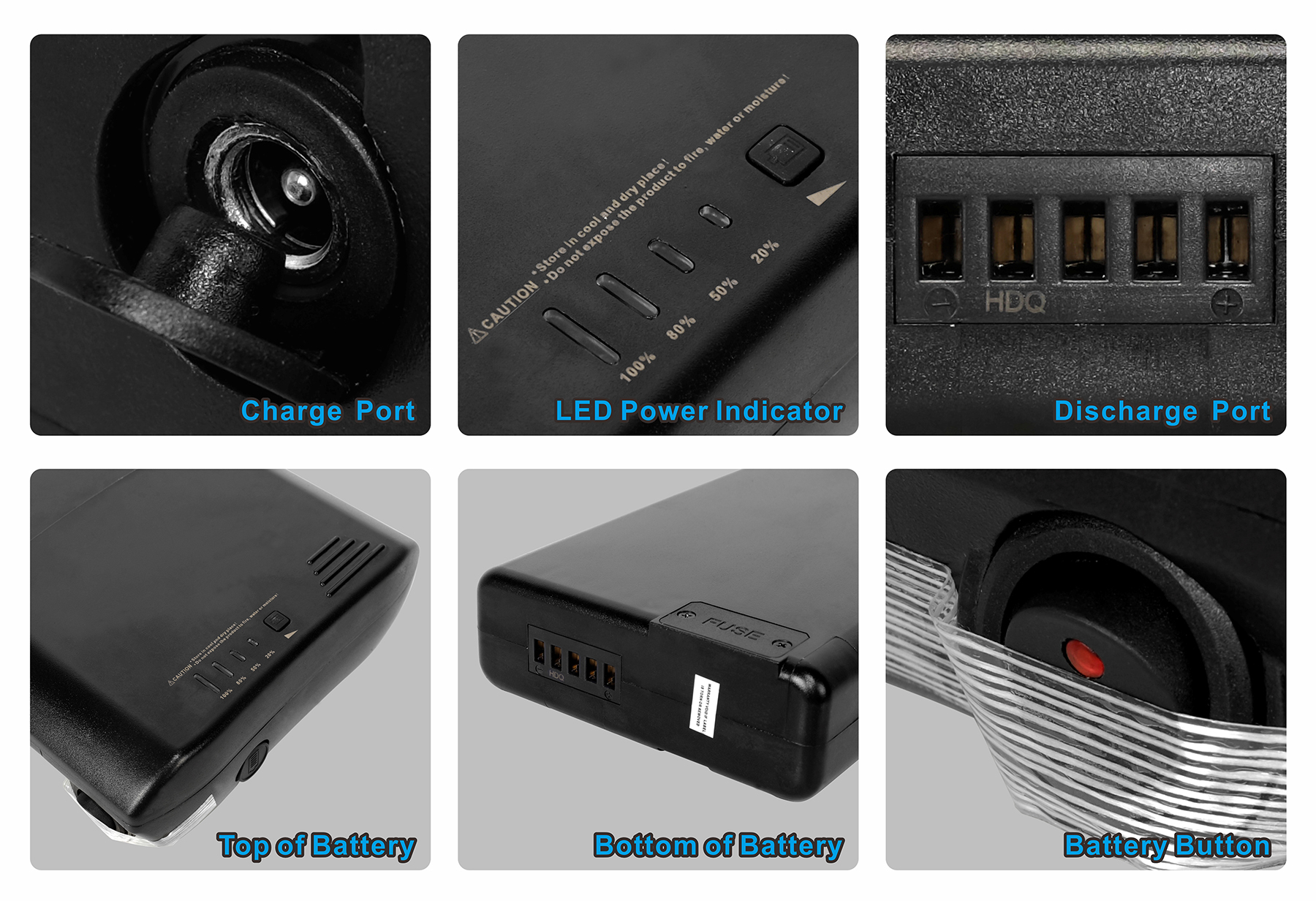 Sechs Bilder zeigen Details einer schwarzen Batterie: Ladeanschluss, LED-Anzeige, Entladeanschluss, Oberseite, Unterseite und Taster.