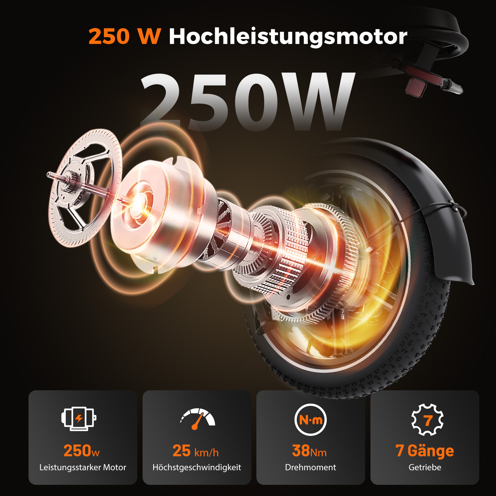Explosionszeichnung eines 250W E-Bike-Motors mit technischen Icons unten.