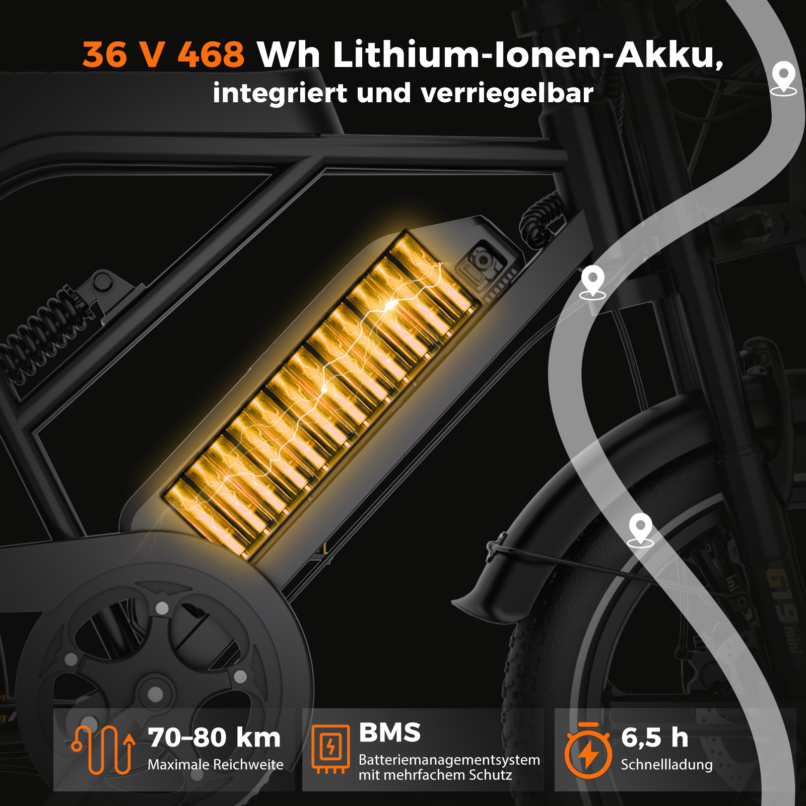 E-Bike mit integriertem 36V 468Wh Akku, 70-80 km Reichweite und 6,5 Stunden Ladezeit.