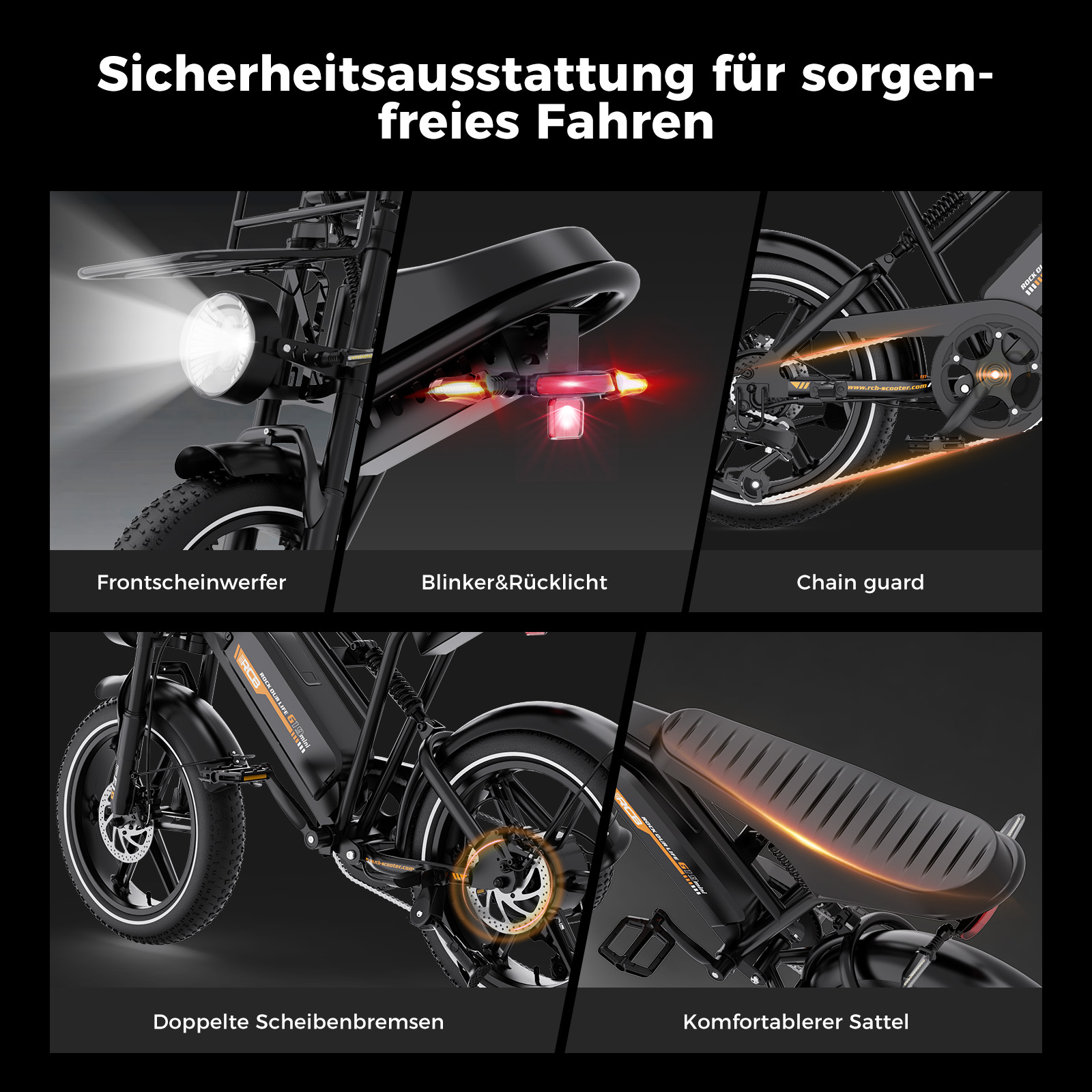 Sicherheitsmerkmale eines E-Bikes wie Scheinwerfer, Blinker, Kettenschutz, Scheibenbremsen und Sattel.