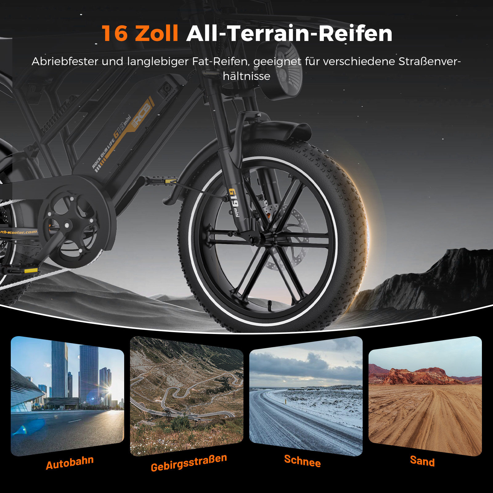Schwarzes E-Bike mit 16-Zoll-Geländereifen vor Bergszenerie und vier kleineren Bildern verschiedener Untergründe.