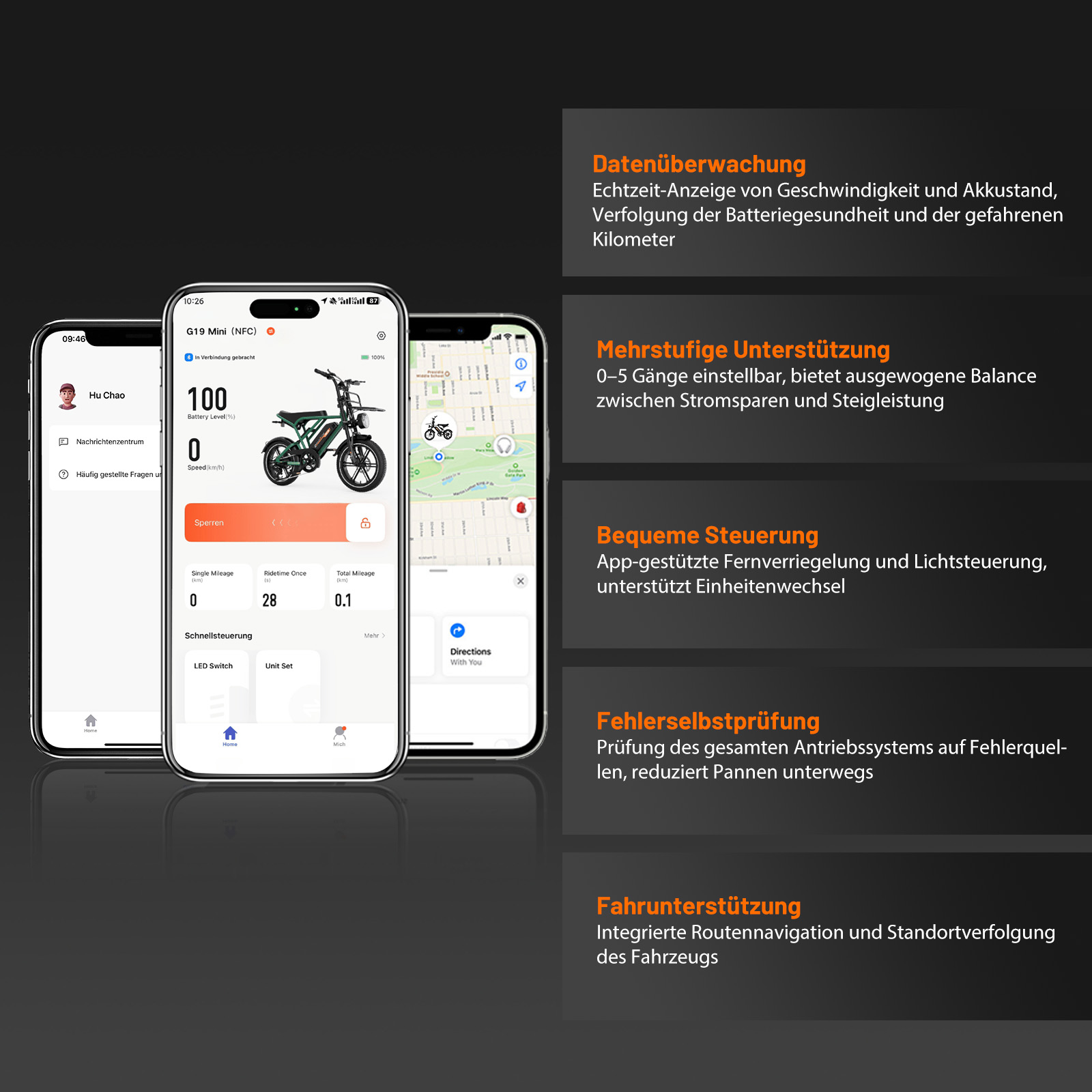 Drei Smartphones zeigen eine E-Bike-App mit verschiedenen Funktionen, daneben Textblöcke mit Beschreibungen.