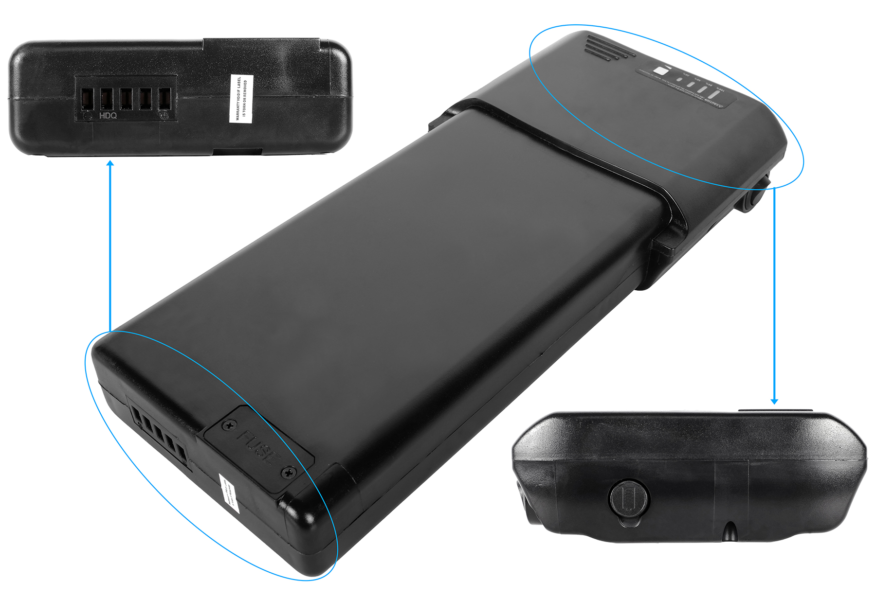Schwarzer E-Bike-Akku mit Detailansichten von Anschlüssen und Schalter auf weißem Hintergrund.