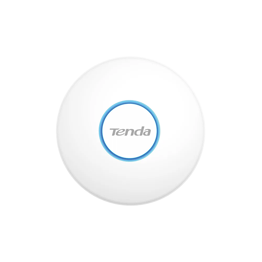 Siyah arka plan üzerinde ortasında parlayan mavi bir halka bulunan beyaz, yuvarlak bir Tenda Wi-Fi yönlendirici.