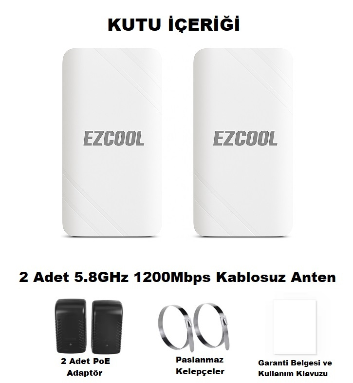 Kutu içeriğinde 2 adet beyaz EZCOOL anten, 2 PoE adaptör, kelepçeler ve kılavuz yer alır.