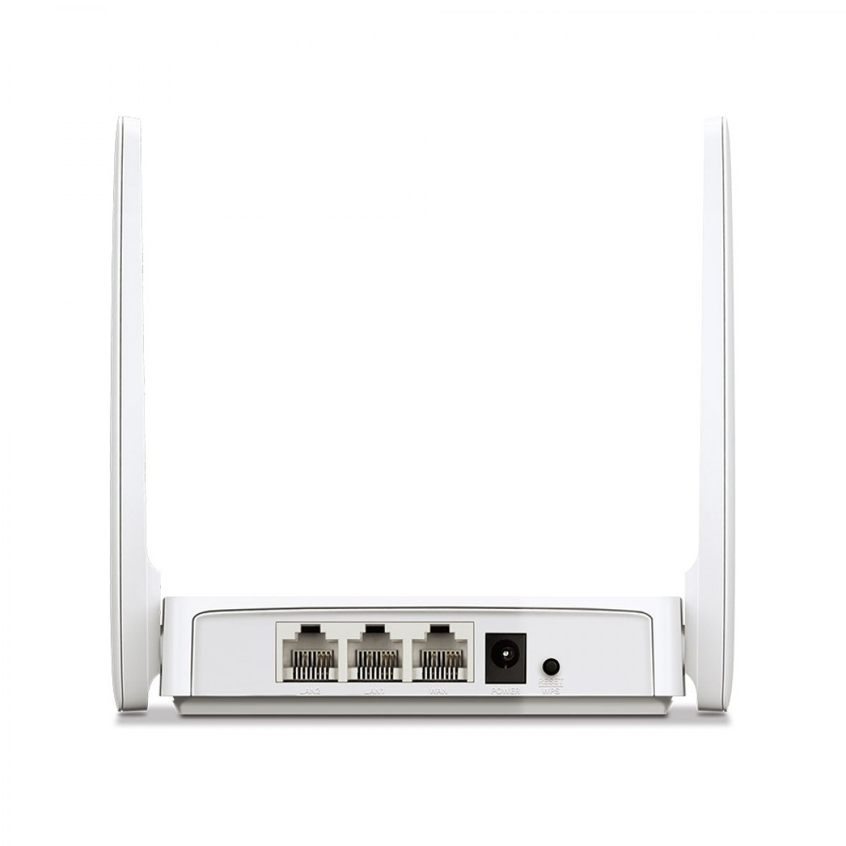 İki antenli ve LAN, WAN, güç ve sıfırlama bağlantı noktalarına sahip beyaz bir Wi-Fi yönlendiricinin arkadan görünümü.