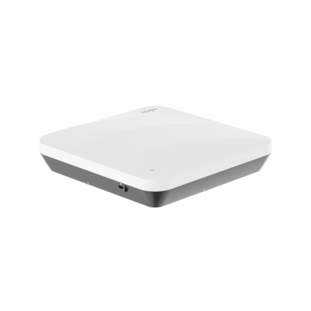 Beyaz arkaplanda, alt kısmı koyu renkli, önünde küçük bir yeşil LED bulunan beyaz, kare Wi-Fi erişim noktası.