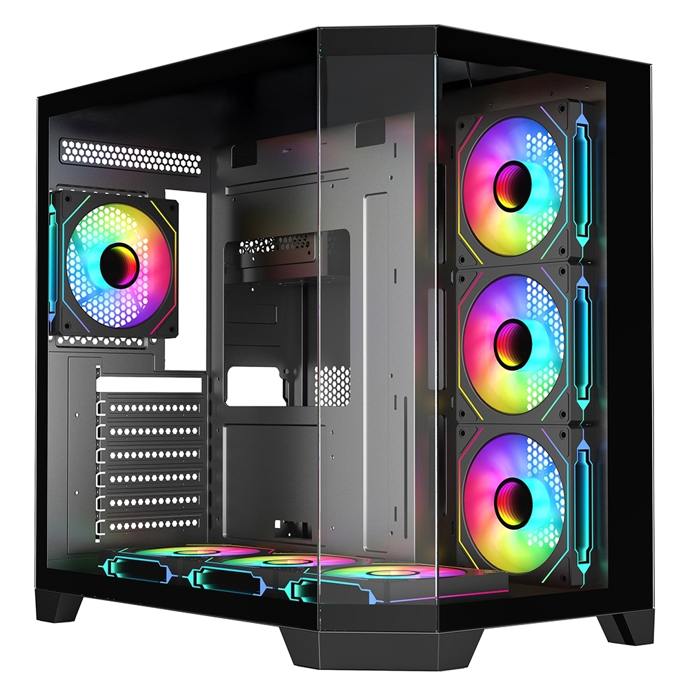 Cam ön panelli ve renkli RGB fanlı siyah bilgisayar kasası.
