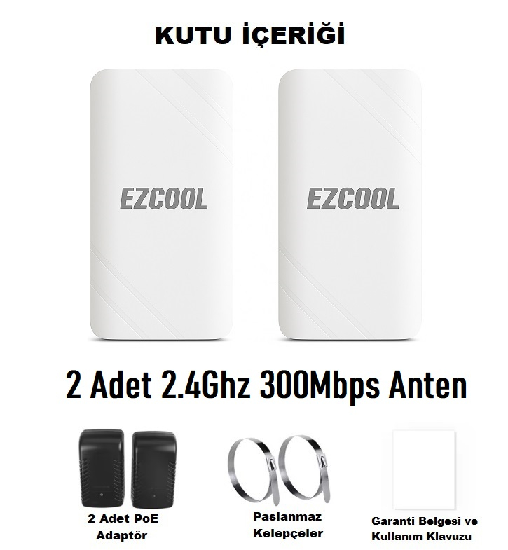 Kutu içeriğinde iki beyaz Ezcool anten, iki PoE adaptör, kelepçeler ve kılavuzlar yer alıyor.