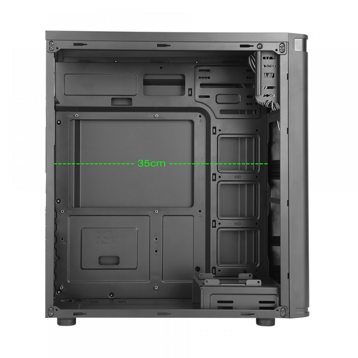 Ekran kartı için yeşil 35 cm ölçü çizgisi gösteren boş siyah PC kasası.
