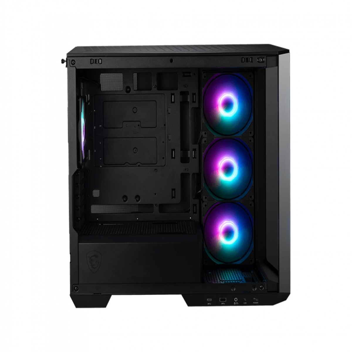 Ön panelinde üç parlayan RGB fan ve açık yan paneli olan siyah bir bilgisayar kasası.