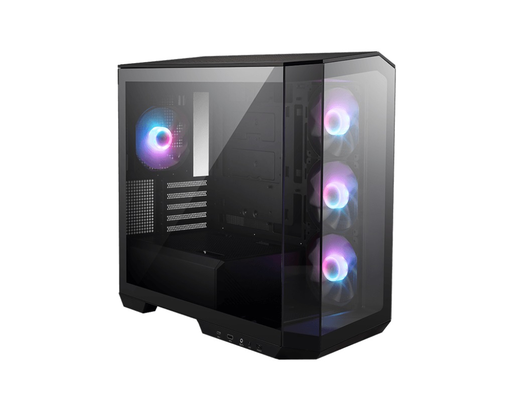 Dört renkli RGB fanlı ve alt kısımda portları olan siyah camlı PC kasası.