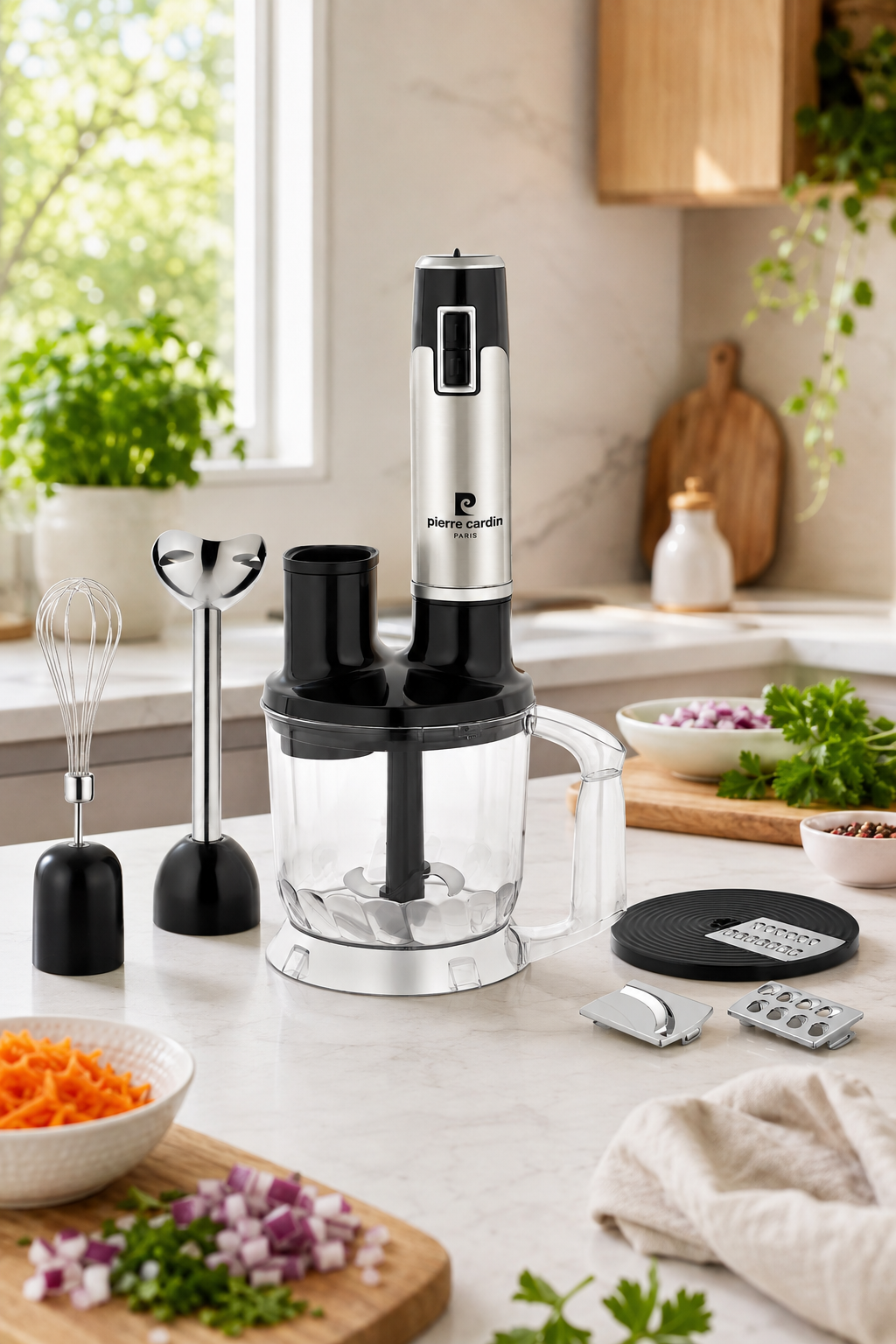 Siyah ve gümüş rengi el blender seti, aksesuarları, doğranmış sebzeler ve otlar ile mutfak tezgahında.