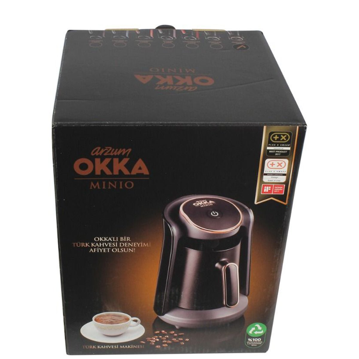 Eine schwarze Arzum Okka Minio türkische Kaffeemaschinenbox mit Produktbild und Kaffeebohnen.
