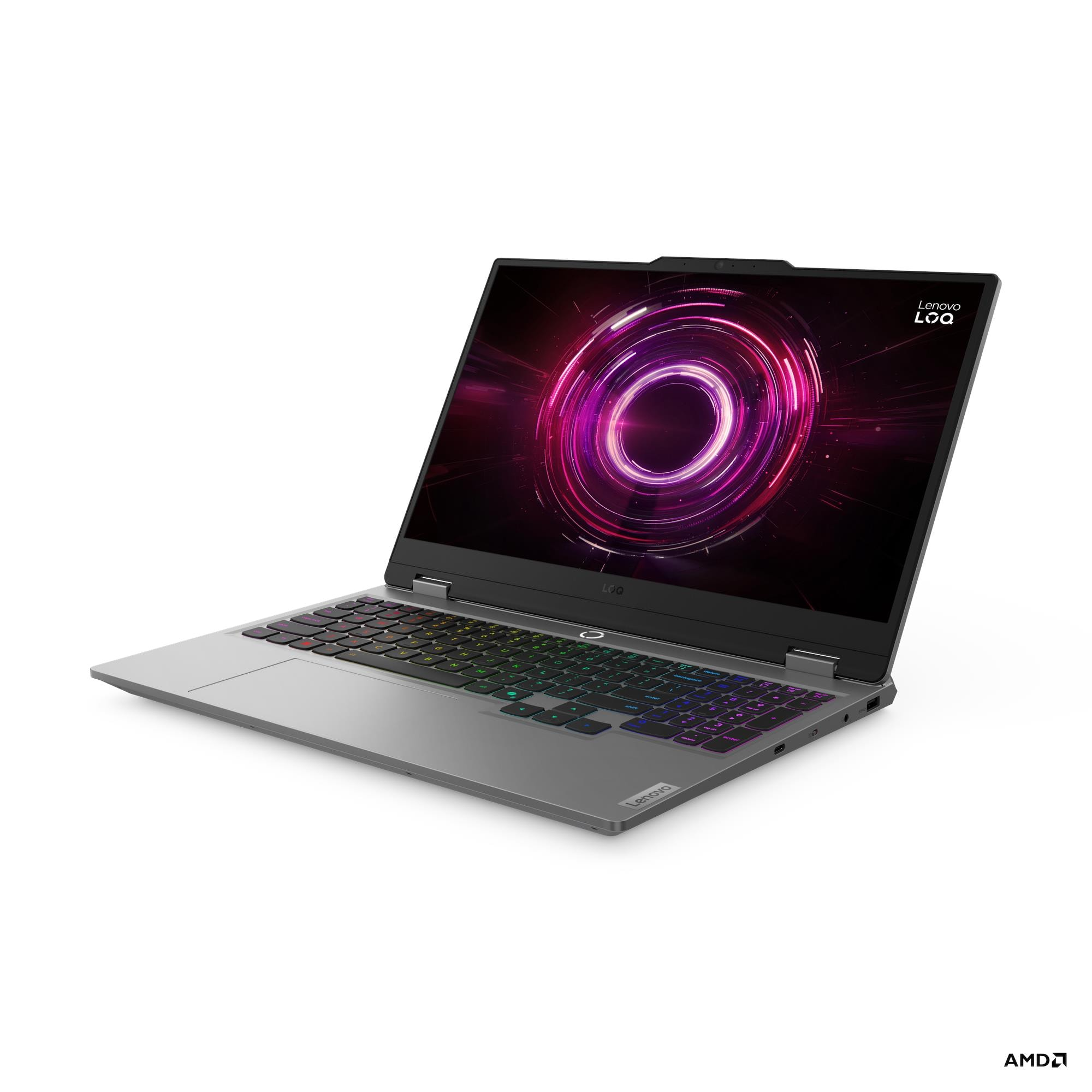 Beyaz arka planda pembe ve mor sarmal ekran duvar kağıdına sahip gri bir Lenovo LOQ dizüstü bilgisayar.