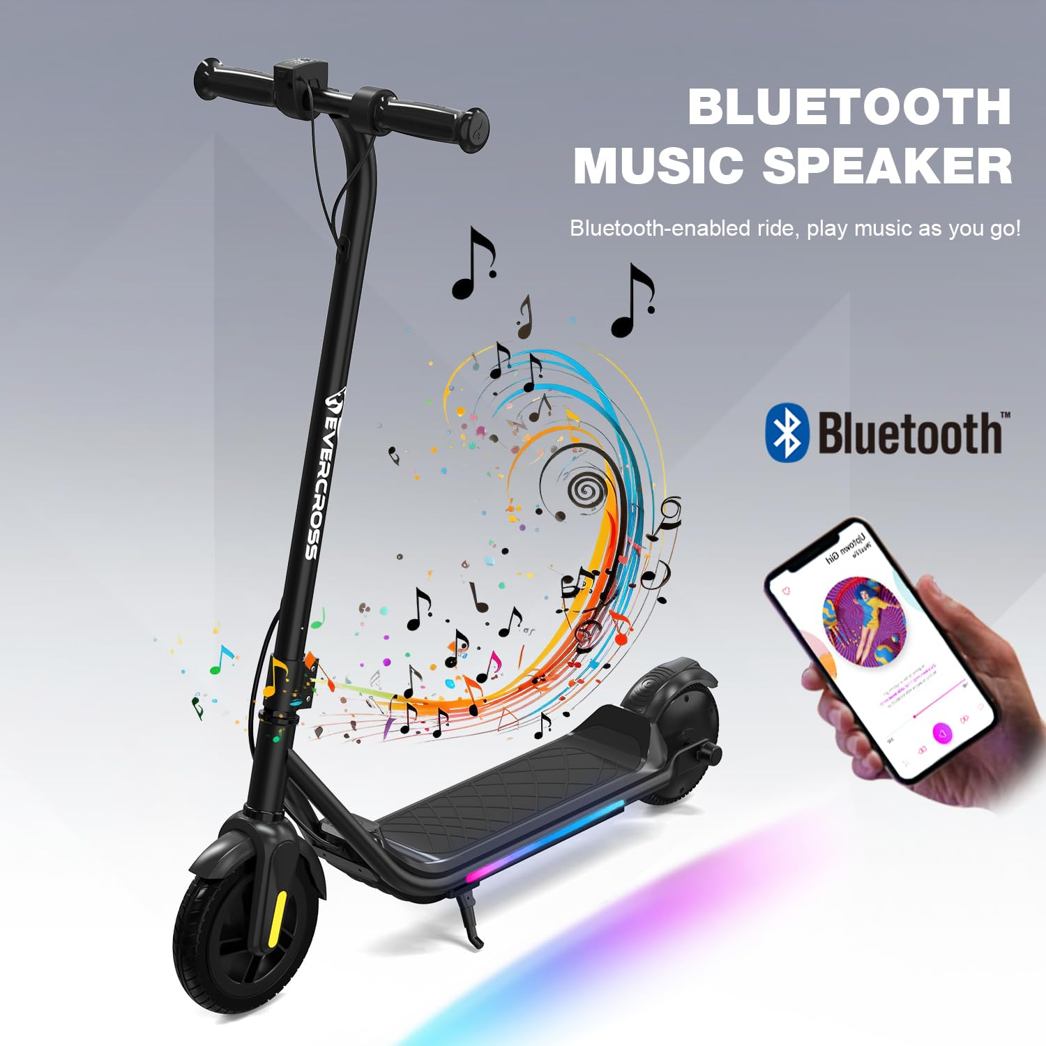 Trottinette électrique noire avec fonction musique Bluetooth et notes de musique.