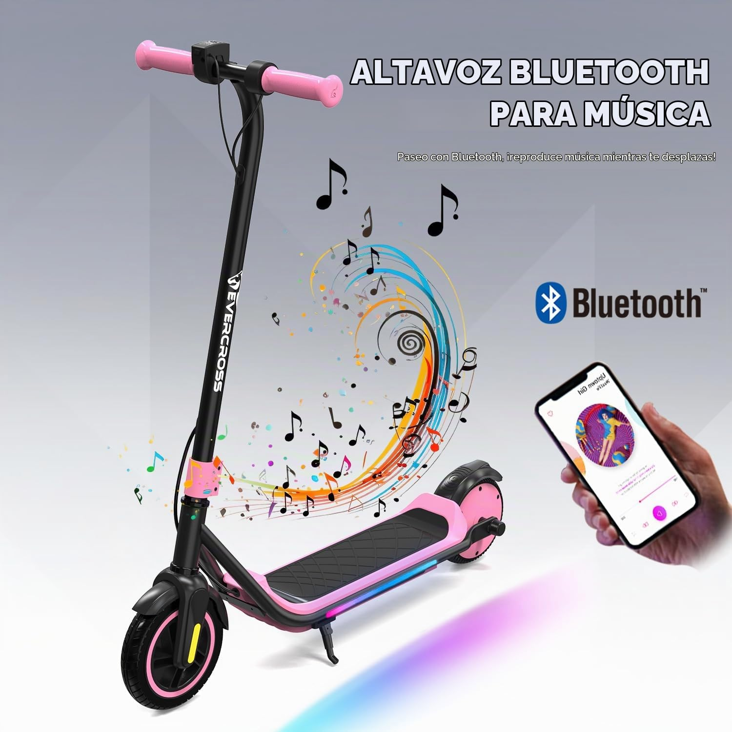 Une trottinette électrique noire et rose avec une icône Bluetooth et des notes de musique, connectée à un smartphone.