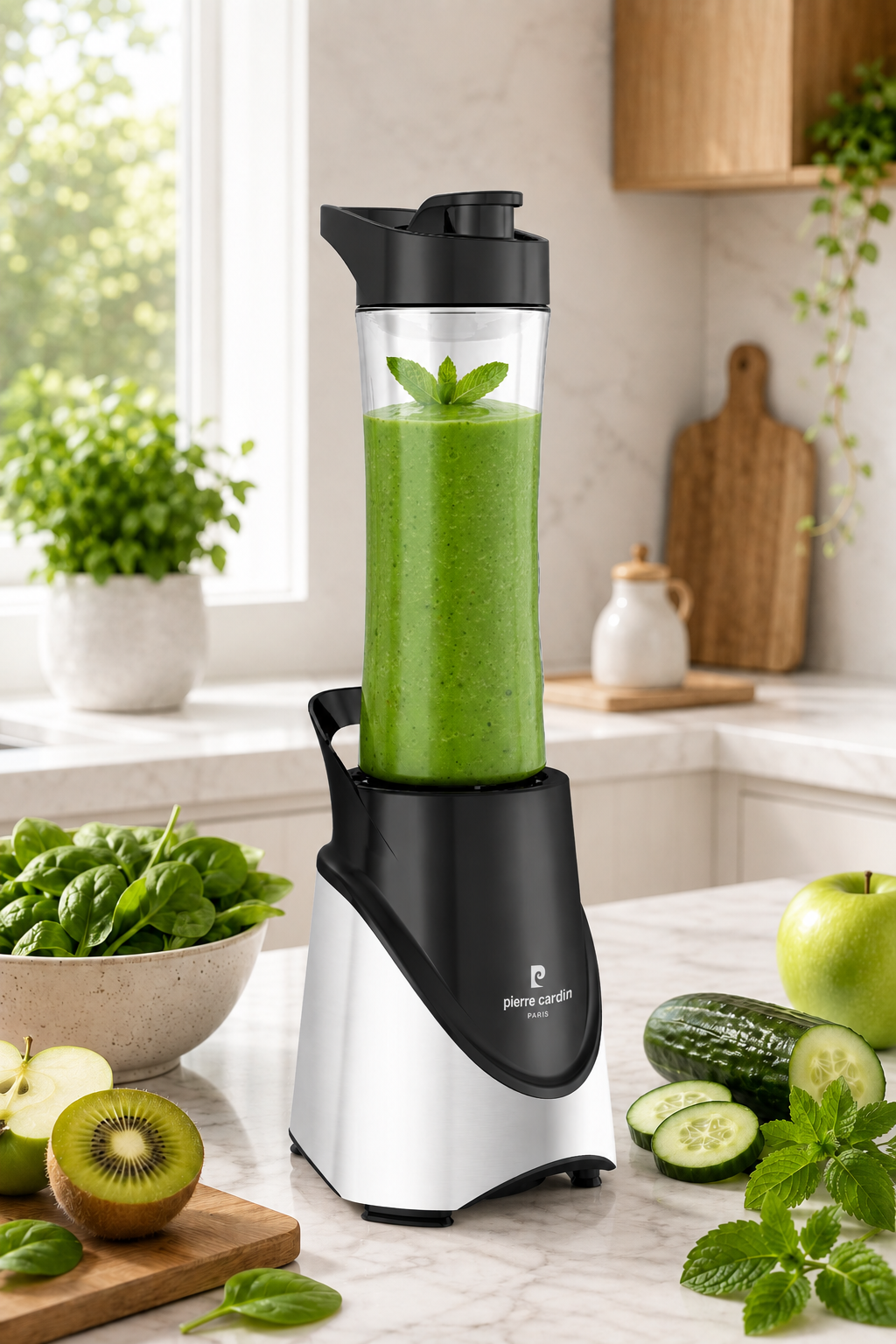 İçinde yeşil smoothie olan siyah ve gümüş renkli blender, taze meyve ve sebzelerle mutfak tezgahında.