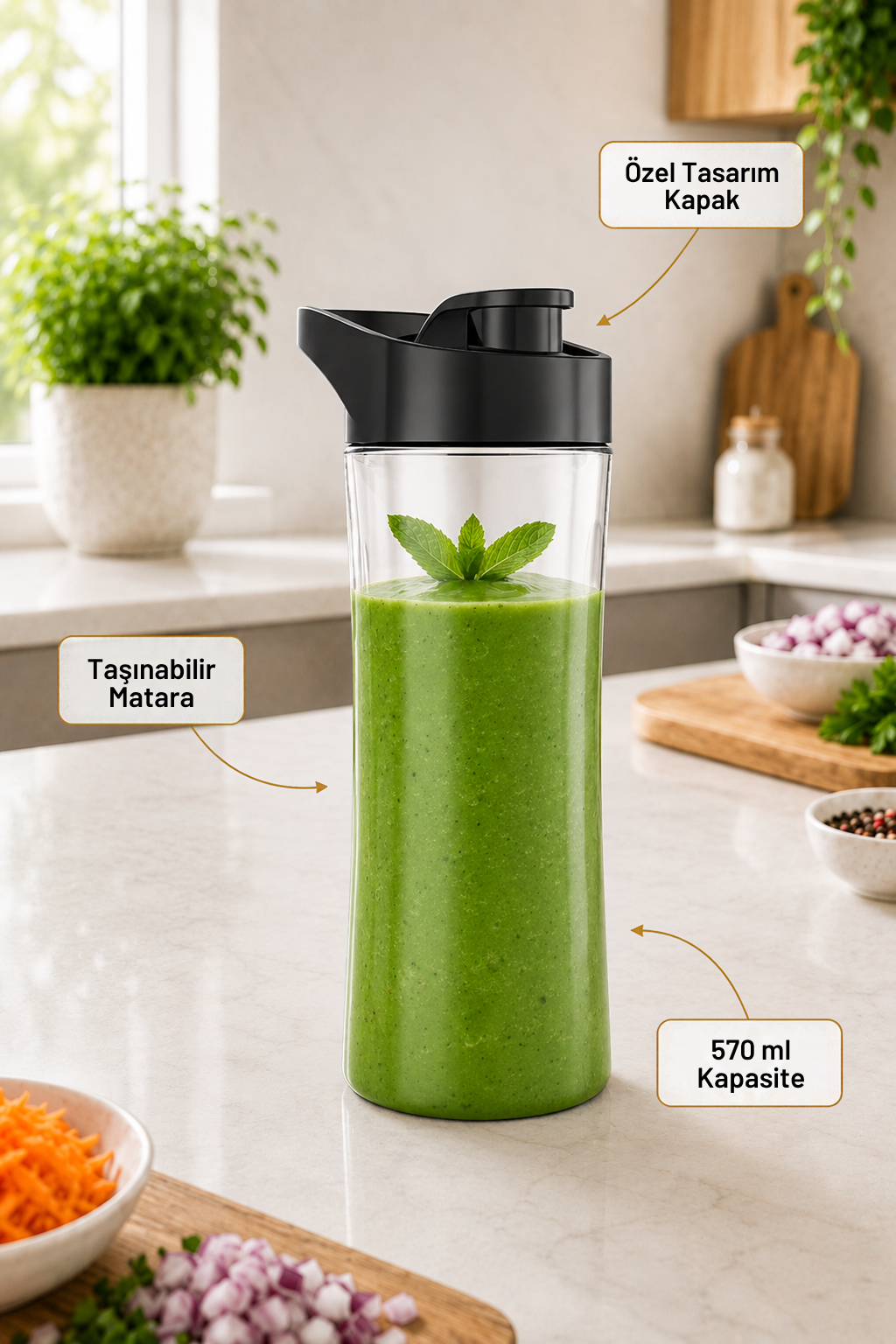 Mutfak tezgahında yeşil smoothie ve nane yaprakları dolu taşınabilir matara.