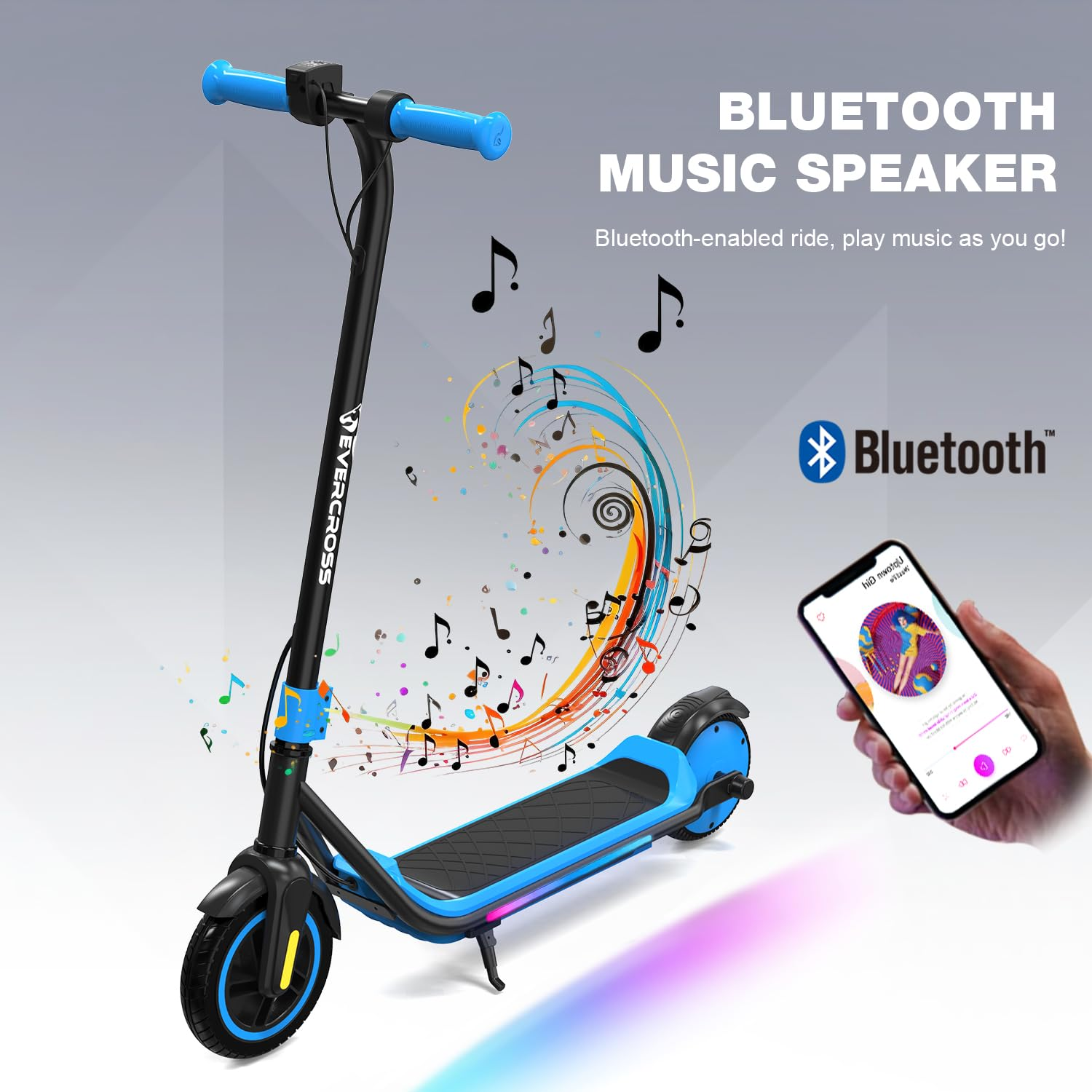 Une trottinette électrique noire et bleue avec des notes de musique, le logo Bluetooth et un smartphone.