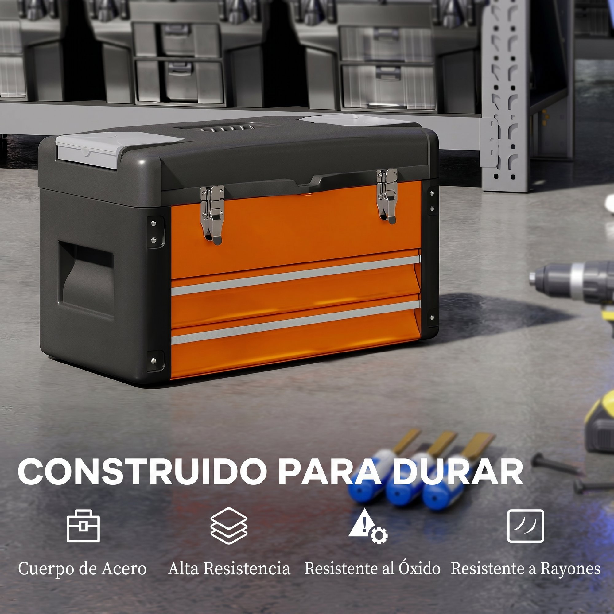 Una caja de herramientas naranja y gris en el suelo con herramientas y texto.