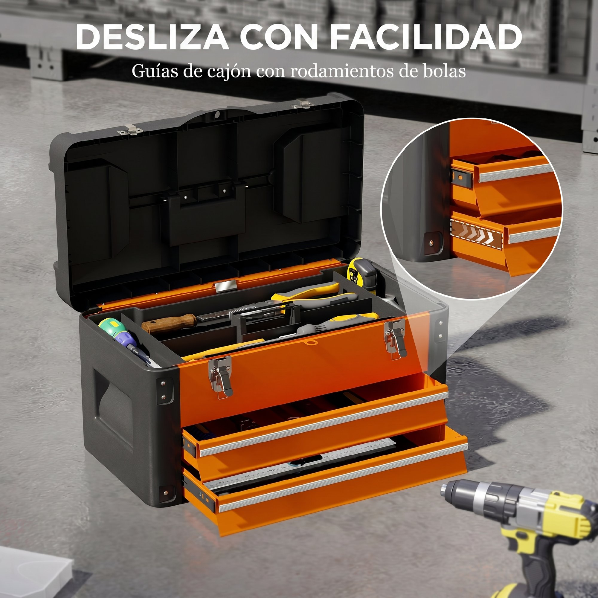 Una caja de herramientas abierta con cajones y herramientas en el suelo.